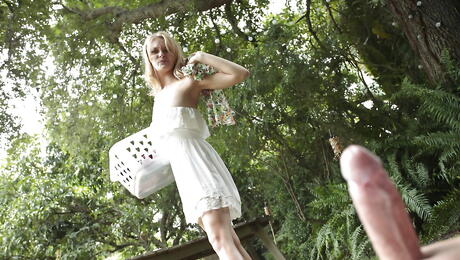 Slim american teen Alli Rae drilled in her bald pussy after good suck outdoor